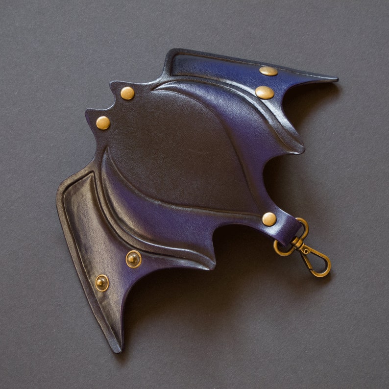 Leather Bat Keychain with Carabiner - Halloween Key Holder. Made to order Black-blue