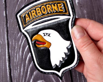 Leather patch Airborne. Handmade leather patch sewn to velcro. Hand embossed patch on leather. Best Military gift. Made to order