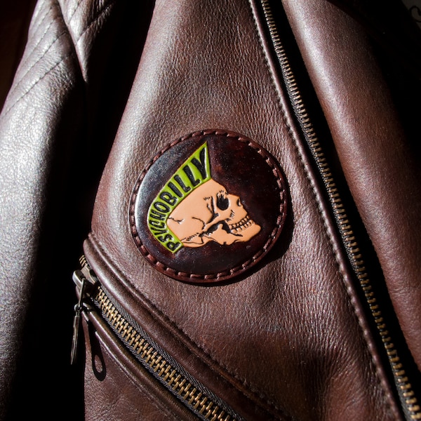 Leather psychobilly patch for jackets. Handmade biker skull patch. Embossed leather custom patches. Made in Ukraine