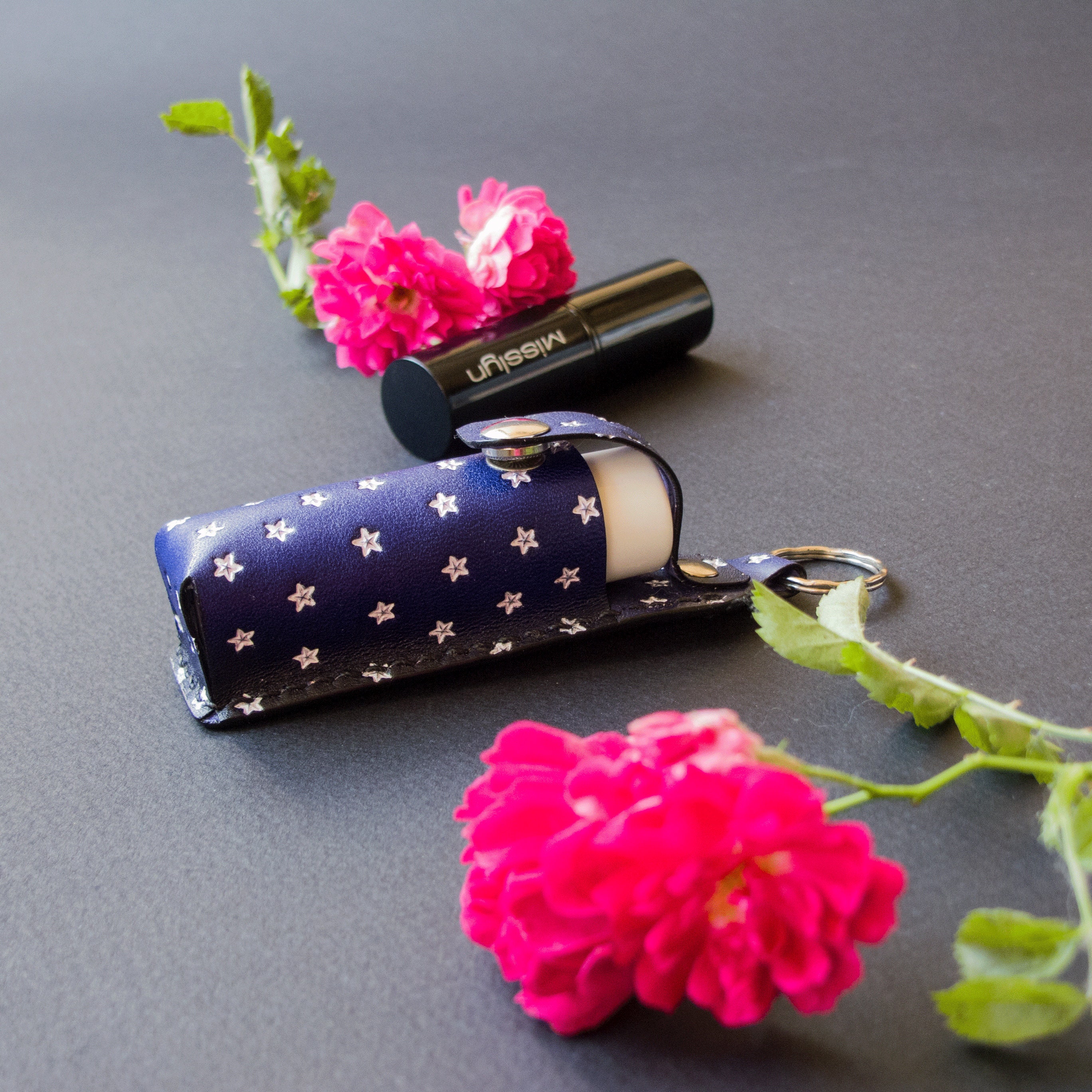 Blue Leather Lipstick Holder With Hand Embossed Stars. Leather 