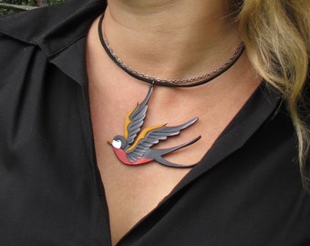 Swallow bird pendant necklace. Leather hand carved charm necklace. Rockabilly jewelry swallow bird. Gift for women