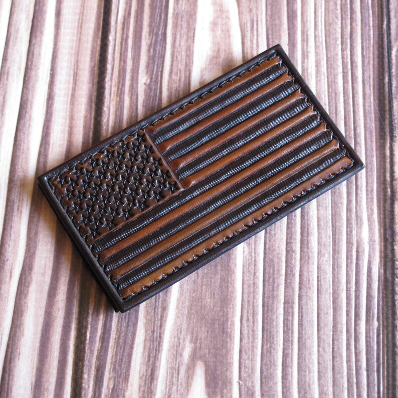 Brown American flag leather patch. USA flag Hand embossed leather velcro patch. Independence day gift image 9