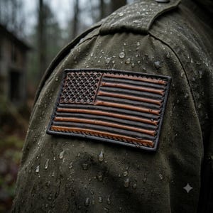 May include: A rectangular leather patch featuring an embossed American flag design, stitched onto the shoulder of an olive green canvas jacket. The surface of the jacket and the leather patch are covered in small, clear water droplets.