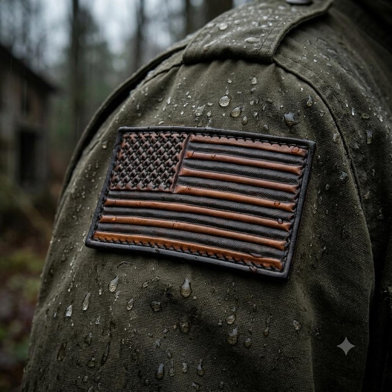 May include: A rectangular leather patch featuring an embossed American flag design, stitched onto the shoulder of an olive green canvas jacket. The surface of the jacket and the leather patch are covered in small, clear water droplets.