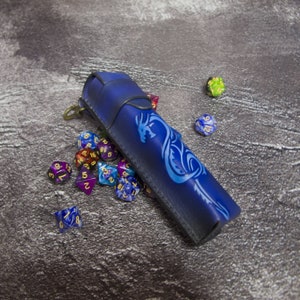 Blue small leather dice box with carabiner. Unique leather dice storage hand embossed fairy dragon. Leather dice vault. Gift for game lover