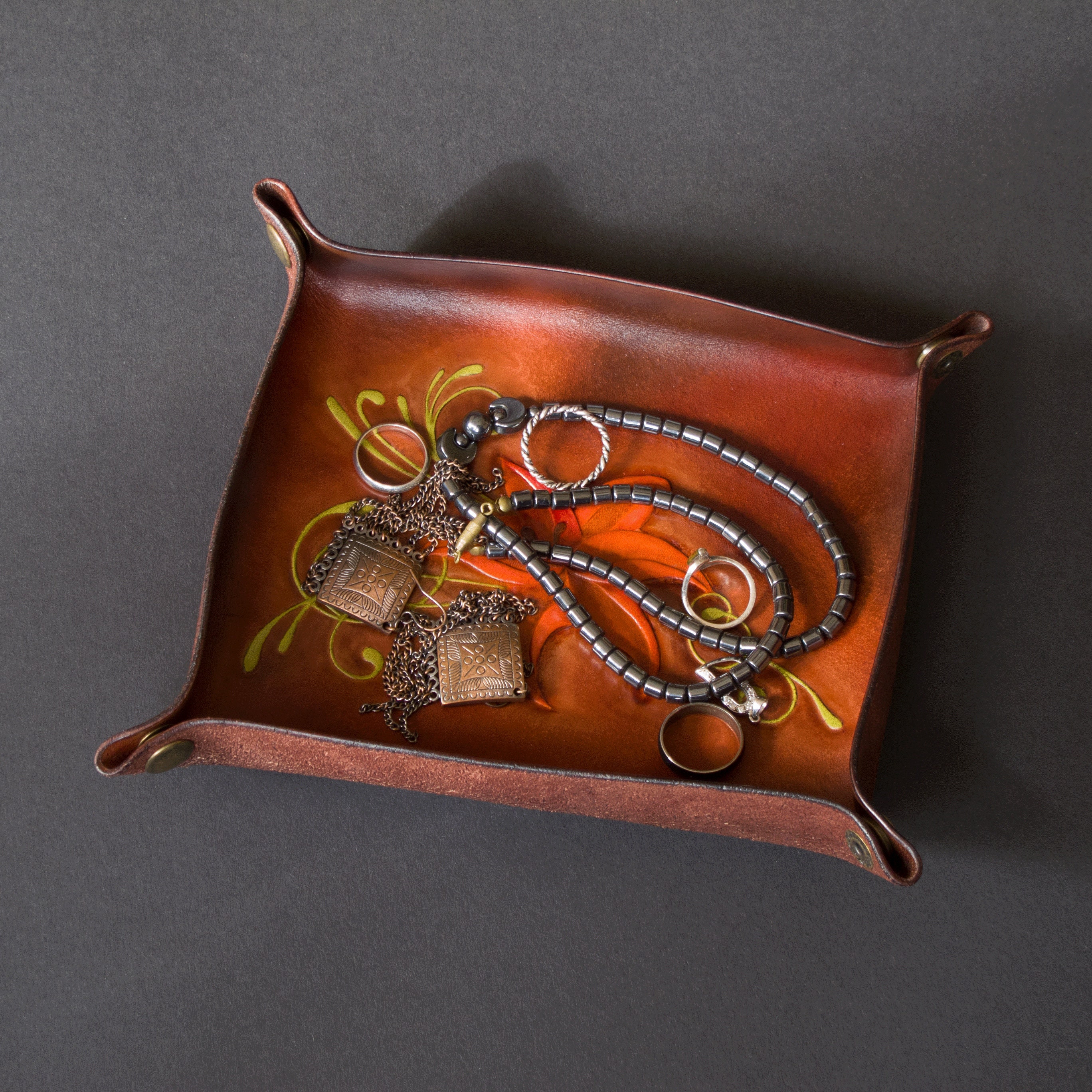 Handtooled genuine leather valet tray for women. Catch all Etsy