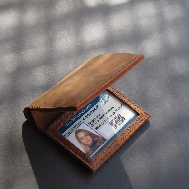 Brown bifold leather minimalist wallet with id window. Mens small card holder wallet. Made in Ukraine image 7