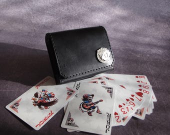 Black leather playing card holder with magnet clasp. Mens Leather Gift