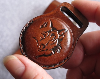 Stylish Leather Airtag Keychain Dog Picture. Perfect Airtag Holder With Carabiner and Leather Strap. Leather handmade gift for men or women