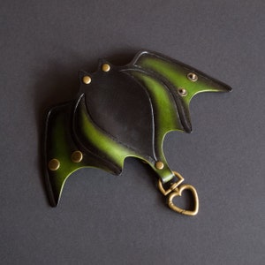 Leather Bat Keychain with Carabiner - Halloween Key Holder. Made to order Black-green