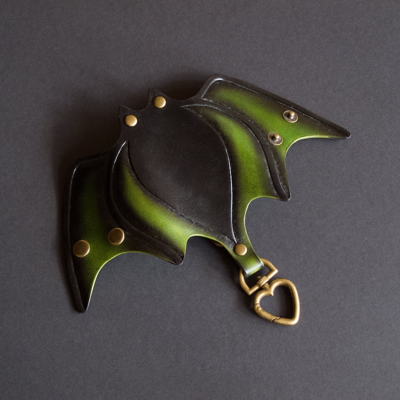 Leather Bat Keychain with Carabiner - Halloween Key Holder. Made to order Black-green