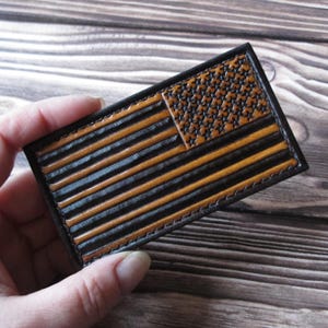 Reverse American flag leather patch, Tan USA flag, Hand embossed leather velcro patch, Independence day gift