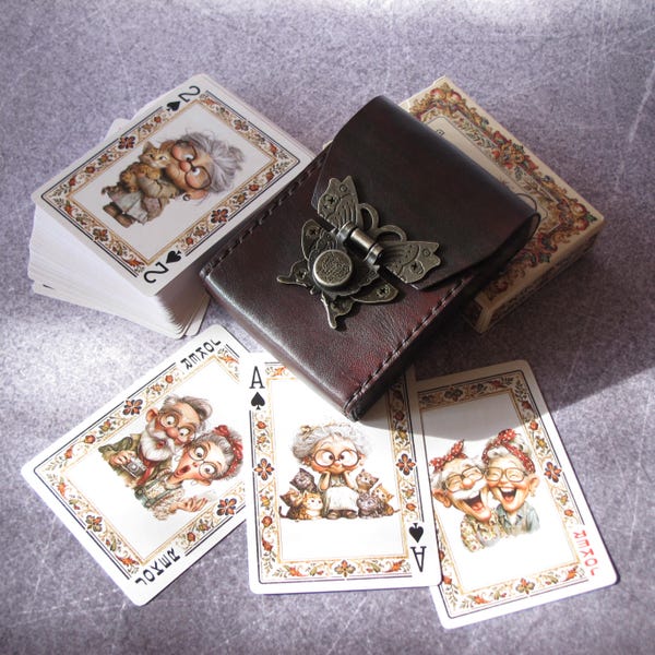 Leather Playing Cards Case With Butterfly Clasp. Playing Cards Holder. Handmade Deck Box For Poker Card. Grandma And Grandpa Gift