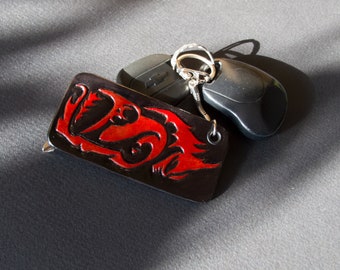 Leather keychain for men. Hand embossed leather key ring Red Hot Rod. Made in Ukraine