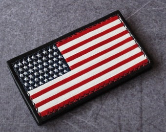 Leather patch USA flag. Leather patch sewn to velcro. Hand embossed patch on leather