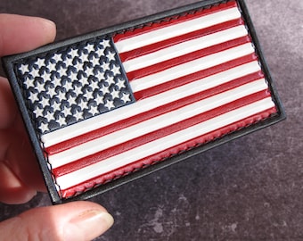 Handmade USA Flag Leather Patch Velcro Backed. Made to order