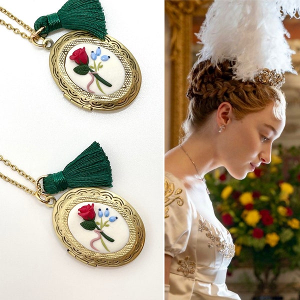 Bridgerton Halskette, Foto Medaillon, handgemachte Halskette, mini Medaillon, Quaste, rote Rose, für sie, für sie, personalisiertes Geschenk