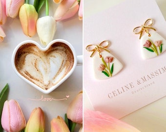 Pendientes de tulipán de arcilla polimérica hechos a mano: Joyas de primavera con lazo dorado