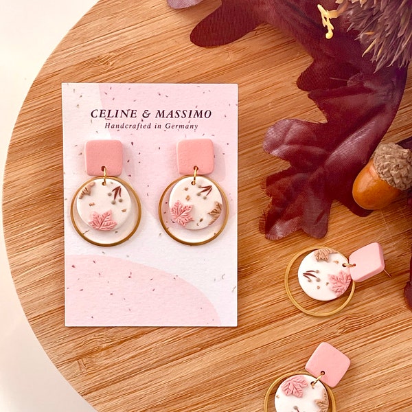 Autumn leaves, fall earrings, handmade polymer clay earrings, pink earrings, romantic earrings, gold hoops, for her, statement earrings