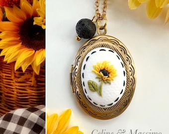 Sunflower Necklace, locket, handmade, autumn necklace, fall necklace, photo, fimo, personalized , country, vintage, sunflowers
