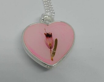 Tiny Pink Real Flower Heart Necklace
