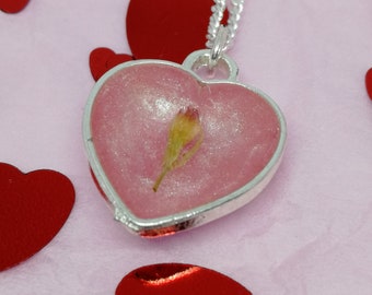 Tiny Pink Real Flower Heart Necklace