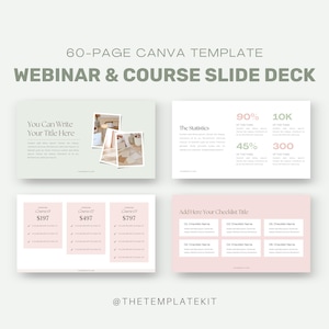 Puede incluir: Una plantilla de Canva de 60 páginas para webinars y cursos. La plantilla incluye diapositivas con cuadros de texto, listas de verificación e información de precios. Las diapositivas están en un esquema de color rosa claro y blanco con un diseño minimalista.