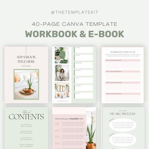 Puede incluir: Un libro de trabajo y un libro electrónico de 40 páginas creados con Canva, con un esquema de color verde y rosa. La portada presenta una página de título con el texto "Agregar título del libro electrónico aquí" y "Nombre del autor". La página del índice incluye una lista de temas como "Introducción", "Guía de éxito", "Guía de precios" y "Testimonios de clientes". La página de la lista de verificación tiene un fondo rosa con el texto "Agregar aquí el título de su lista de verificación" y pasos numerados. La página de la plantilla de libro de trabajo tiene un fondo rosa con el texto "Plantilla de libro de trabajo 02" y una sección para escribir información sobre el público objetivo. La página "Mi proceso ABC" tiene un fondo verde con el texto "Conozca" y "Mi proceso ABC" y una sección para escribir pasos.