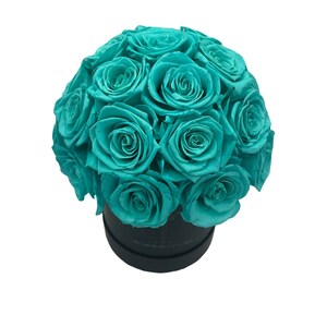 Medium Dome shape Blue preserved long lasting roses in Black box