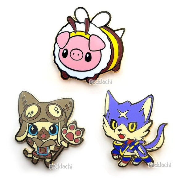 Monster Hunting Friends Enamel Pins: Palico, Palamute, Poogie