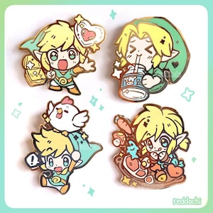 LOZ Enamel Pins | Link with Heart Piece, Link drinking Lon Lon milk, Link with Cucco and BOTW Link Cooking