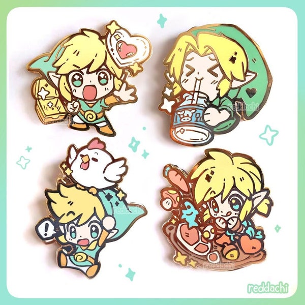 LOZ Enamel Pins | Link with Heart Piece, Link drinking Lon Lon milk, Link with Cucco and BOTW Link Cooking