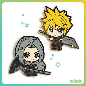 May include: Two enamel pins featuring chibi-style characters. One pin depicts a character with spiky yellow hair, holding a sword. The other pin shows a character with long silver hair, also holding a sword. Both pins have black outfits and are set against a white and green background.