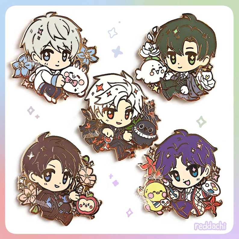 Peut inclure: Ensemble de cinq &eacute;pingles &eacute;maill&eacute;es repr&eacute;sentant des personnages de style anime avec diff&eacute;rentes couleurs de cheveux et tenues. Chaque &eacute;pingle comprend un petit animal ou objet, entour&eacute; de motifs floraux. Les &eacute;pingles ont un contour dor&eacute;.