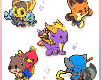 Nostalgic Video Game Characters Pins | Sypro, RatchClank, SlyCoop, BanjoKazoo, Crash