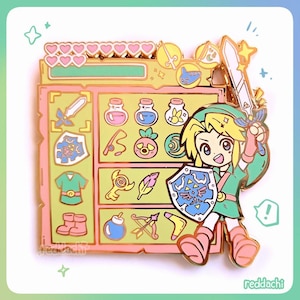 May include: A vibrant enamel pin depicting a cartoon character in green and yellow, wielding a sword and shield. The pin has a pink and yellow backdrop with game-themed icons and text. A collectible item, suitable for fans of the game.