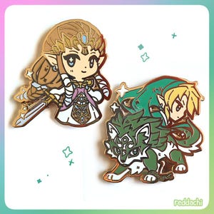 May include: Two enamel pins featuring characters from The Legend of Zelda. One pin depicts Princess Zelda in a gold and white dress, holding a sword. The other shows Link riding a green wolf. The pins have a gold outline.