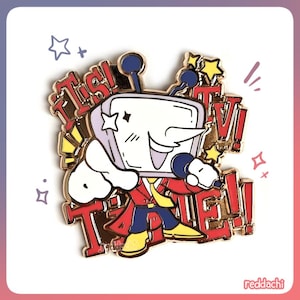 May include: A gold-colored enamel pin featuring a cartoon character with a TV head, wearing a red jacket and blue pants. The pin has the text "This! TV! Time!" in red and gold. The pin has a white background with pink and purple accents.