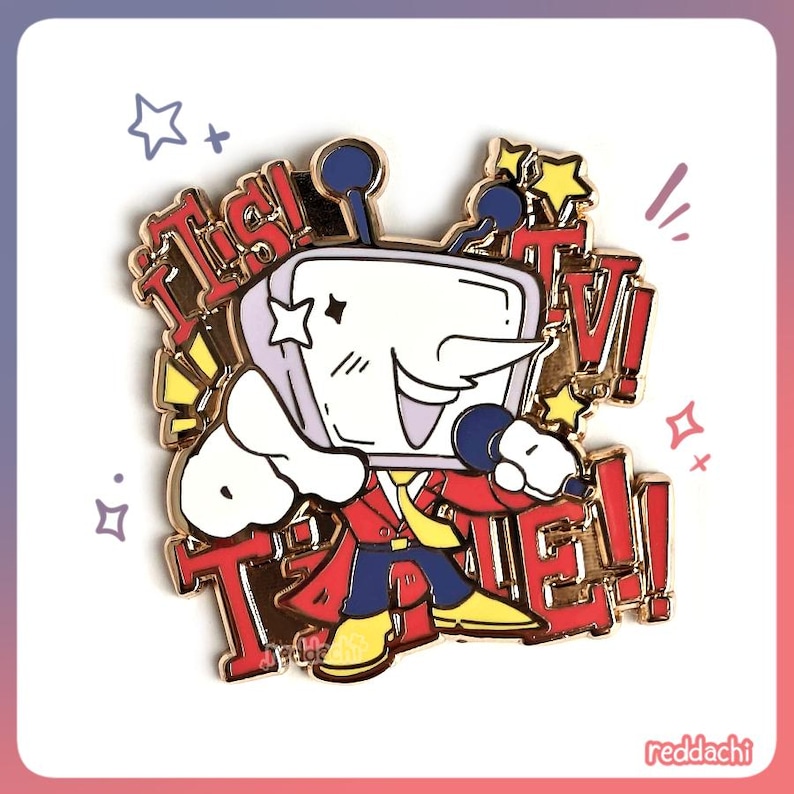 May include: A gold-colored enamel pin featuring a cartoon character with a TV head, wearing a red jacket and blue pants. The pin has the text "This! TV! Time!" in red and gold. The pin has a white background with pink and purple accents.