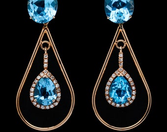 GLOWING RADIANCE! Swiss Blue Topaz Earrings 16.00 carats, Round Brilliant Diamonds, 14k White Gold. Detailed Report Included.