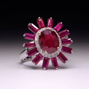 FIERY SUNSET RING! Center Natural Ruby 4.70 carat, Baguette Natural Rubies 4.48 carats, Diamonds G/H S1, 14k White Gold. Report Included.