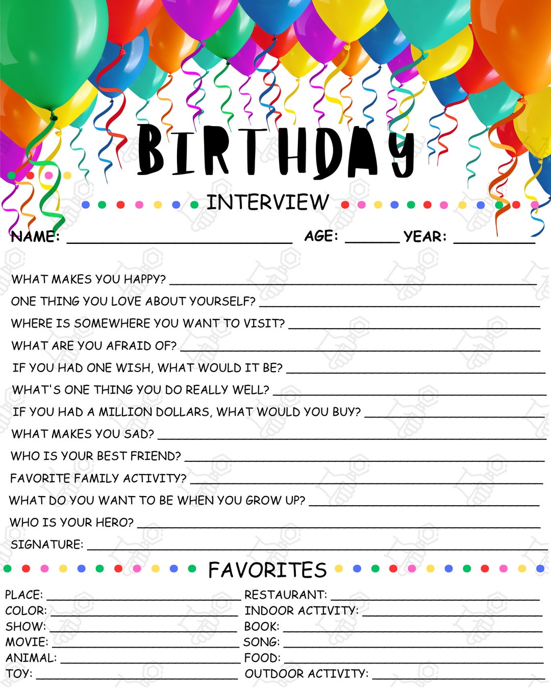 Printable Kids Birthday Interview, Annual Interview, Birthday Keepsake ...