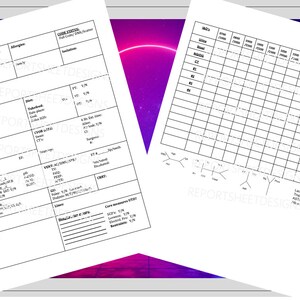 May include: Two white sheets of paper with text and tables, overlapping against a purple and black background. One sheet contains detailed medical information, while the other has a grid for data entry. The text "REPORTSHEETDESIGN" is visible.