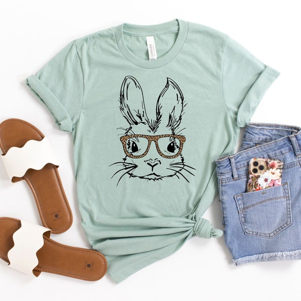 Easter Rabbit with Glasses Shirt, Bunny with Leopard Glasses Shirt, Bunny Shirt, Easter T-Shirt, Easter Bunny Shirt, Spring Shirt