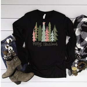 Merry Christmas Pink and Green Trees Shirt, Women's Christmas Shirt, Merry Shirt, Long and Short Sleeve Christmas Shirts, Christmas Shirts