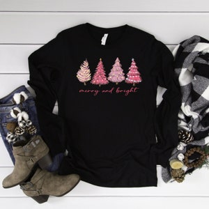 Christmas Shirts, Merry and Bright Shirt, Pink Christmas Tree Shirt, Christmas Tshirt, Holiday Shirt, Merry and Bright Pink Trees Shirt