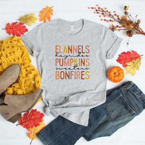 Fall Shirts, Flannels Hayrides Pumpkins Sweaters Bonfire, Fall Shirt, Fall Tshirt, Pumpkin Shirt, Pumpkin Spice Season, Cute Fall Shirt