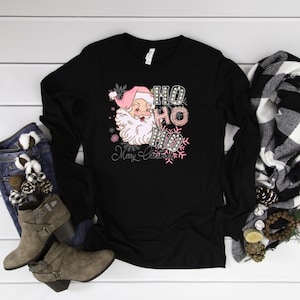 Pink Santa Ho Ho Ho Marquee lights Merry Christmas Shirts, Christmas Shirts, Retro Pink Santa Shirt, Long Christmas Shirts, Christmas Shirts