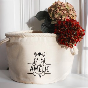 Personalisierter Aubewahrungskorb Kinderzimmer Organizer Aufbewahrung mit Tiermotiven und Namen Kinder Korb Baumwolle Natur Wechselkleidung