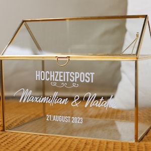 Cassetta postale per matrimonio per regali in contanti, biglietti di auguri, decorazione personalizzata per matrimonio, casa in vetro, oro